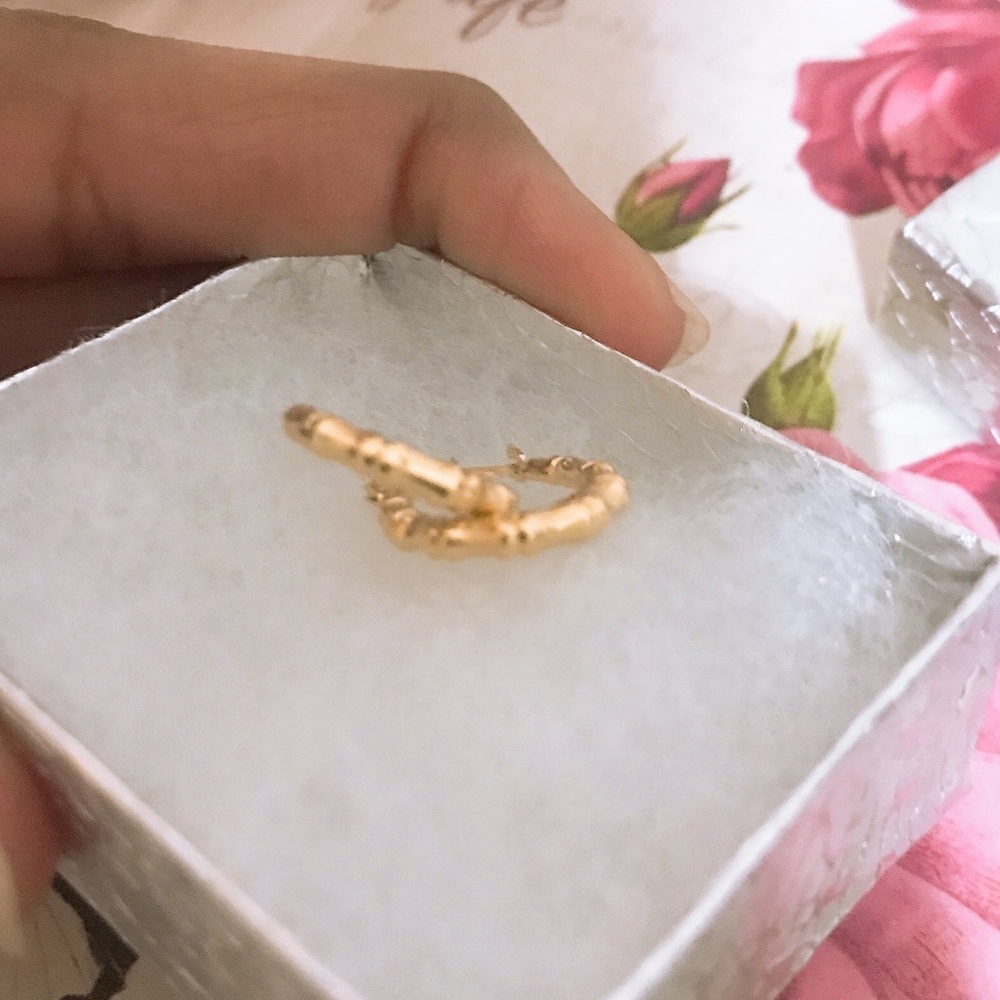Solid Yellow Gold 10k Bamboo Hoops - Picture 7 of 7